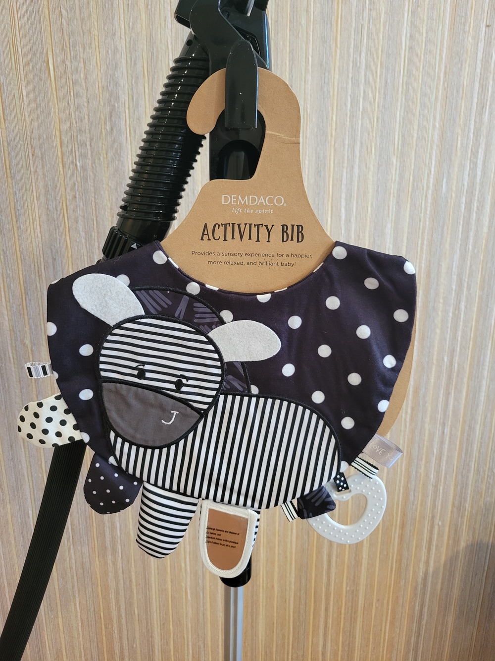 NWT Demdaco Black & White Polka Dot Activity Bib with Striped Zebra.